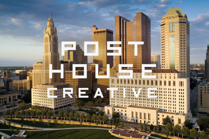 Post House Creative text overlay on image of Ohio skyline