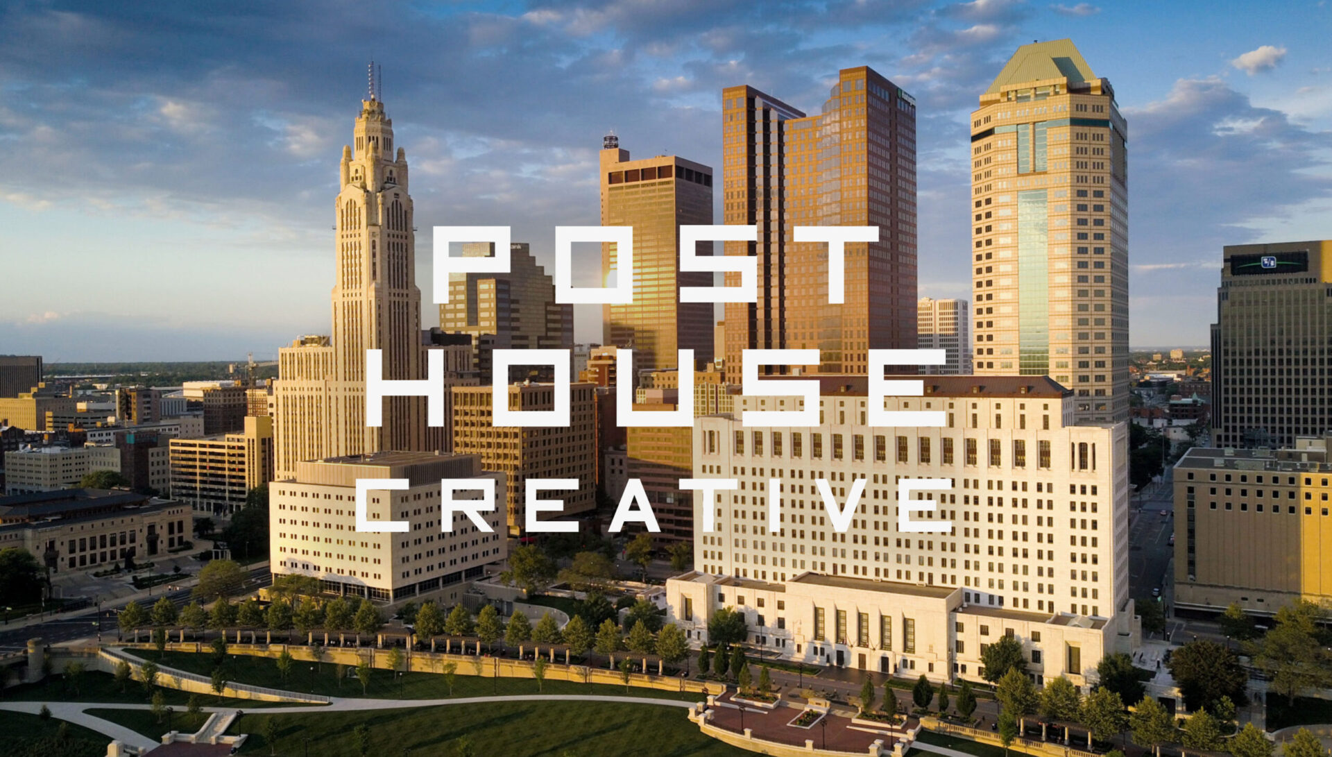 Post House Creative text overlay on image of Ohio skyline