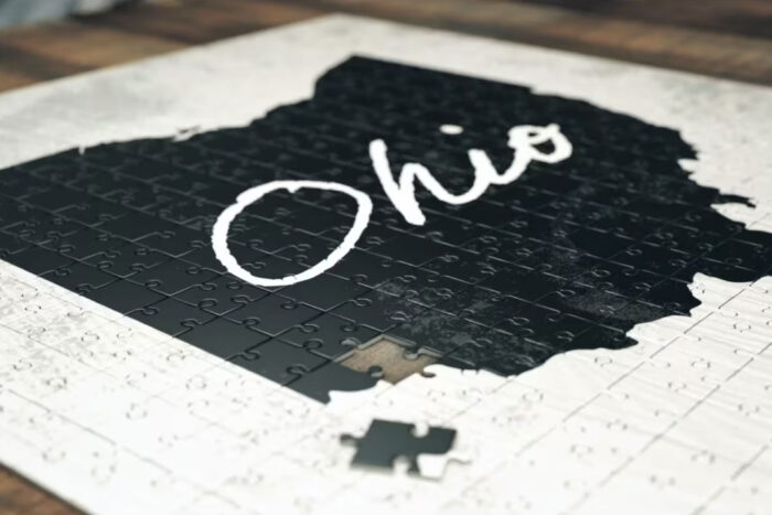 A black and white puzzle with the black pieces making the shape of the state of Ohio with white script