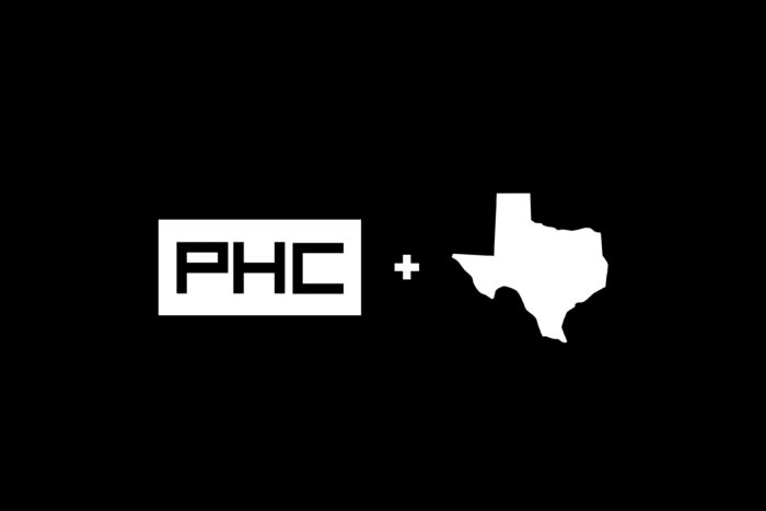PHC logo with a plus sign followed by a white silhouette of Texas on a black background.