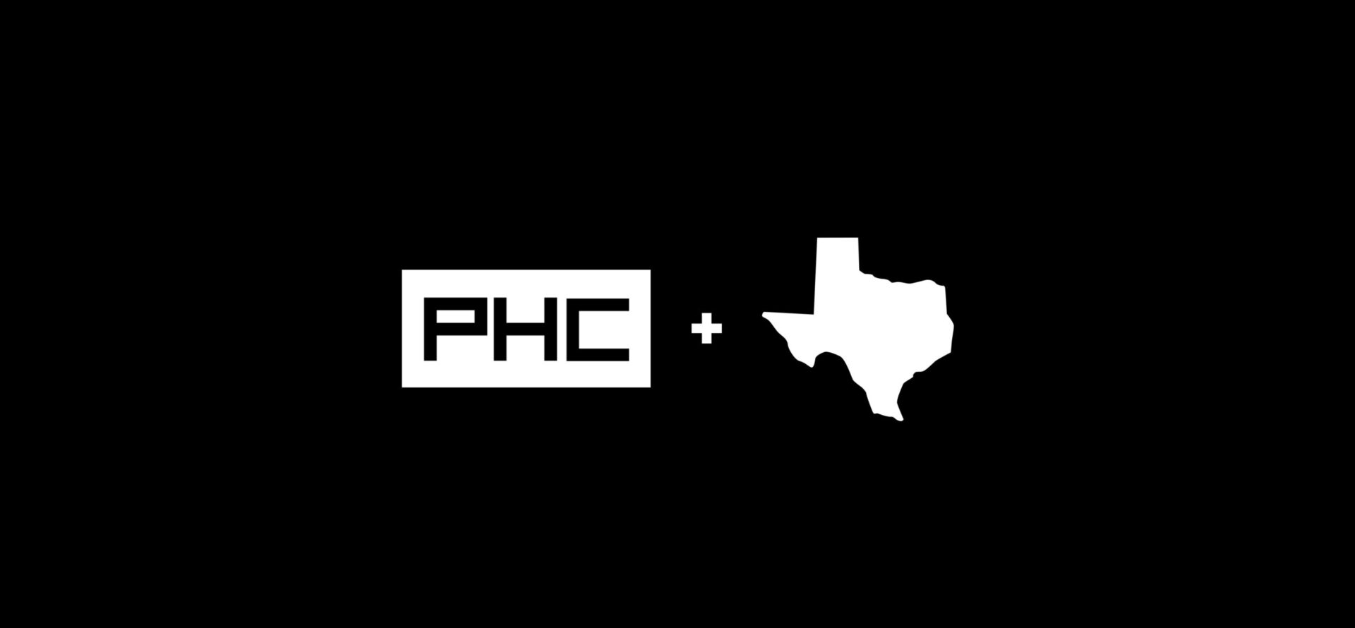 PHC logo with a plus sign followed by a white silhouette of Texas on a black background.