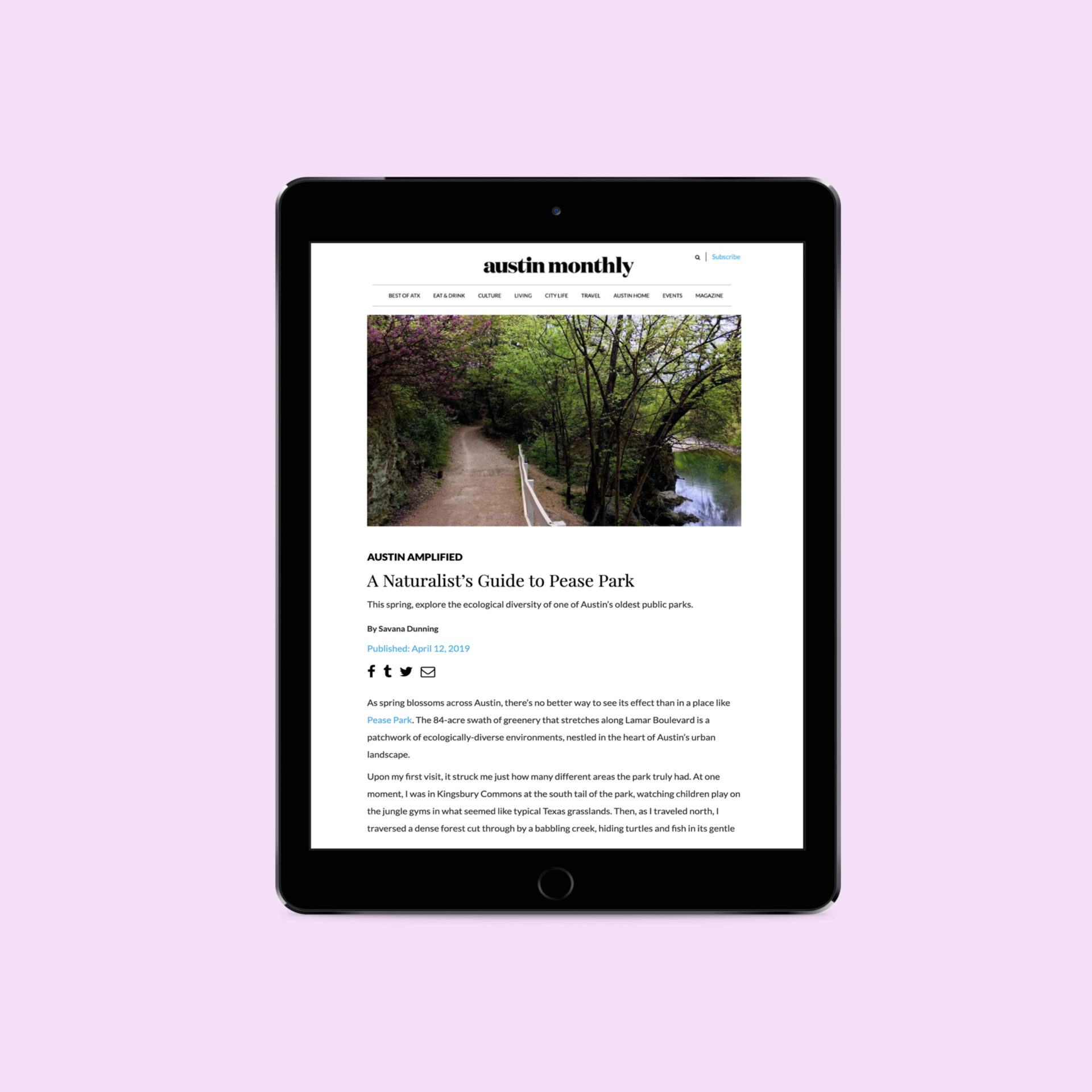 Austin Monthly press coverage for Pease Park Conservancy mocked up on a tablet