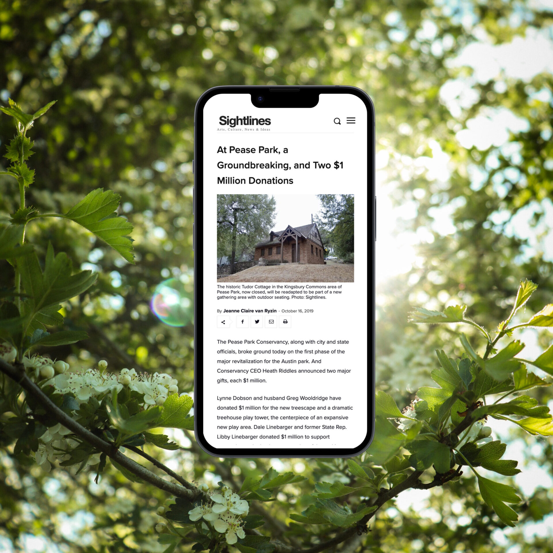 iphone mockup of Pease Park coverage in Sightlines