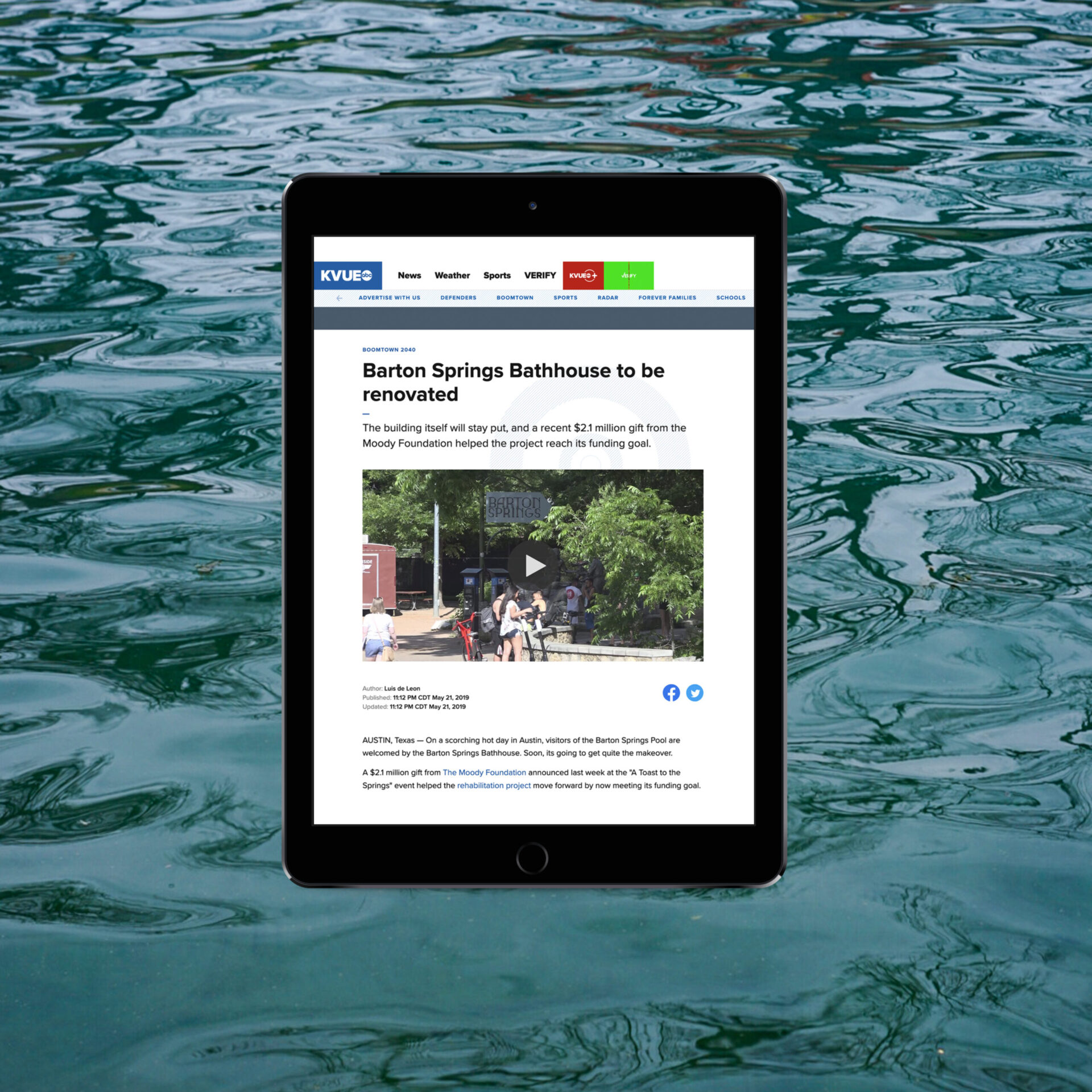Barton Springs bathhouse to be renovated press coverage mock up over image of water