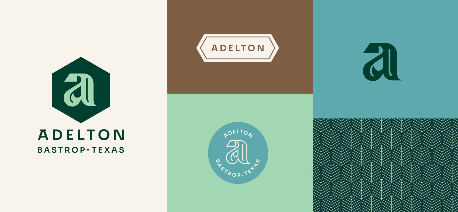 Collage of Adelton branding work, a master planned community in Bastrop, Texas