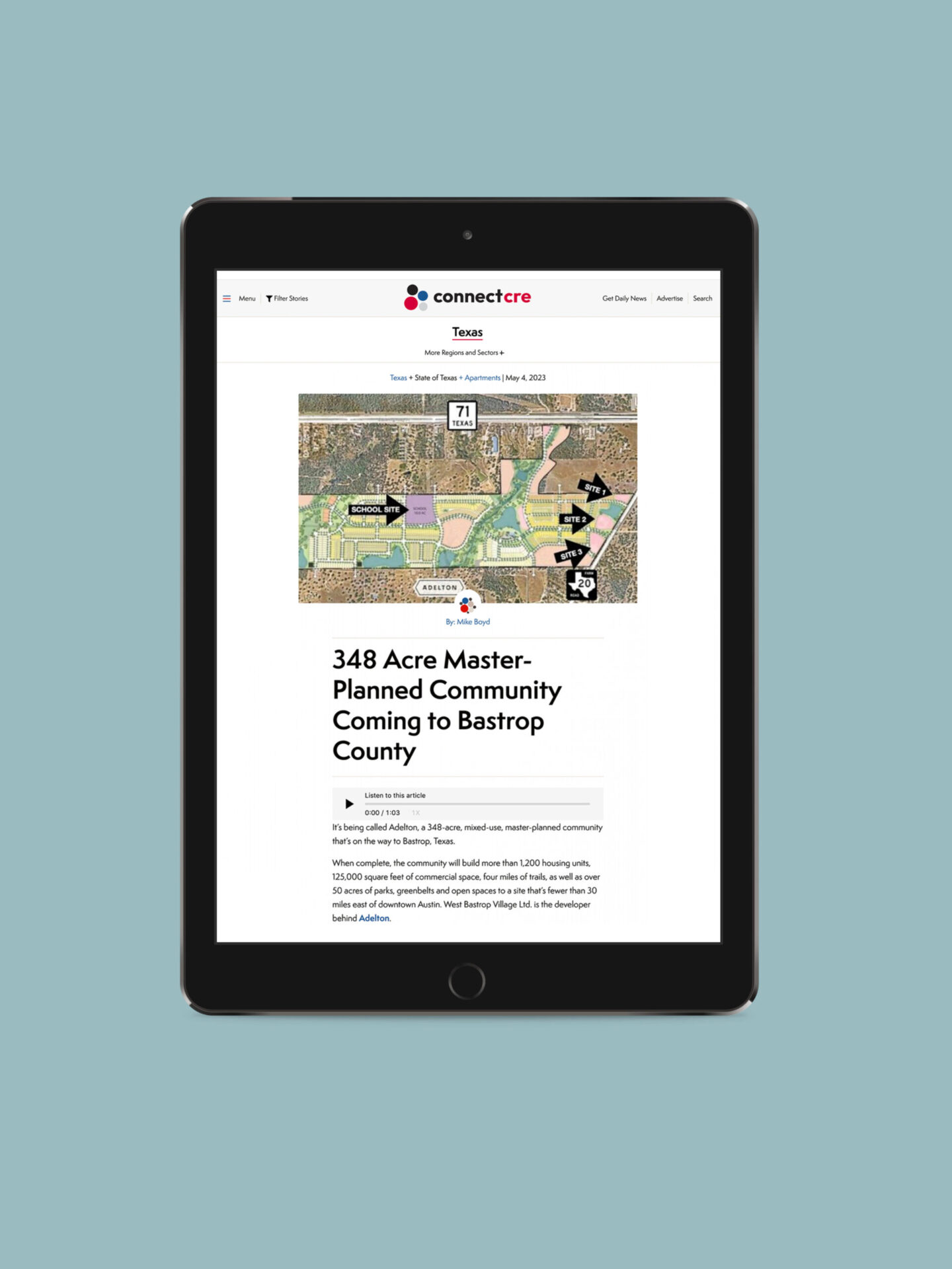 An iPad mockup of coverage for Adelton on Connect CRE