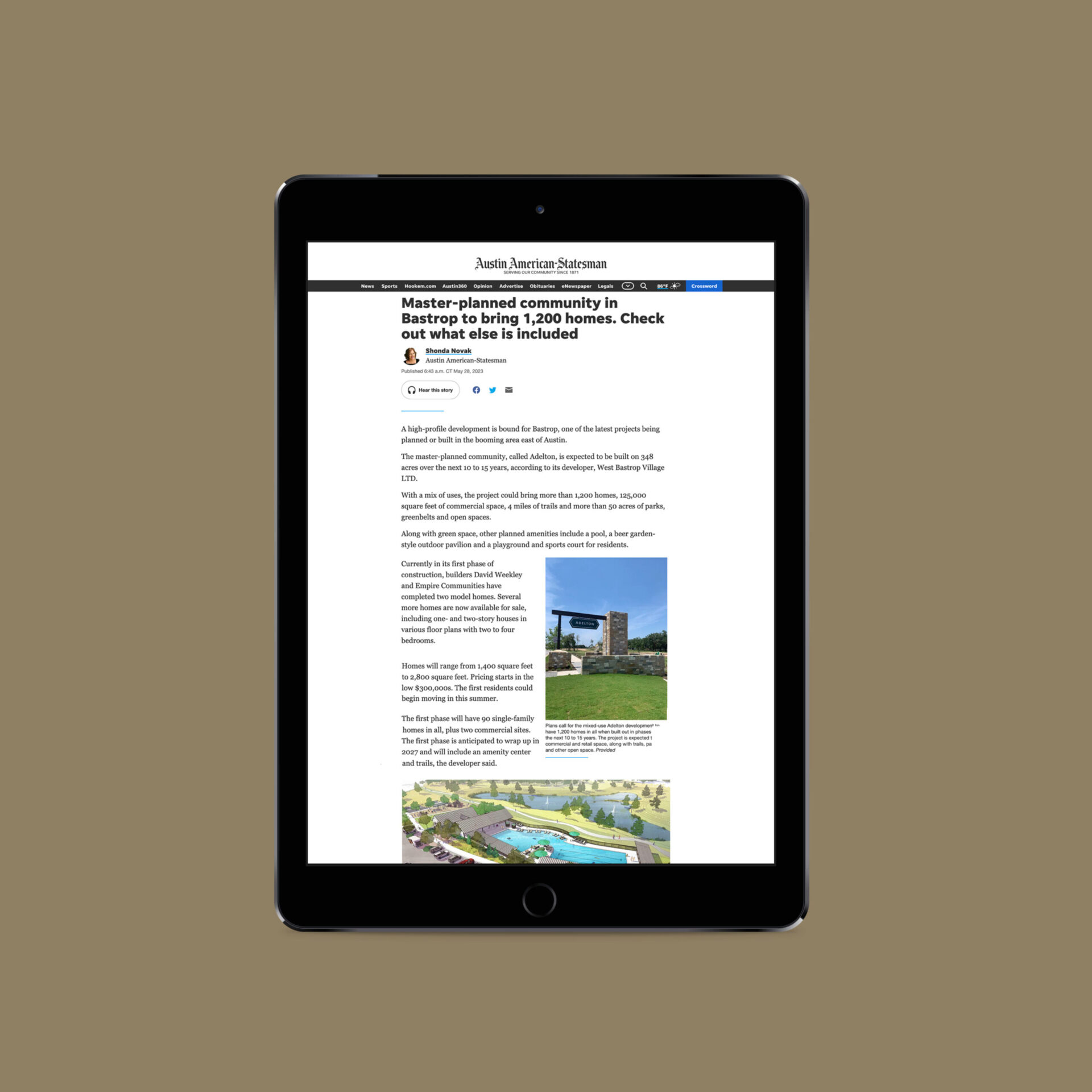 An iPad mockup of news coverage for Adelton in the Austin American Statesman
