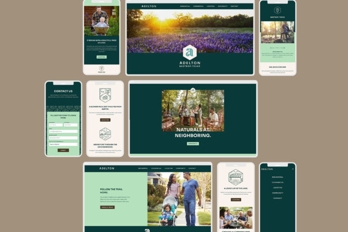Screenshots laid out in mockups of a website with a green color scheme, featuring images of a community and nature.