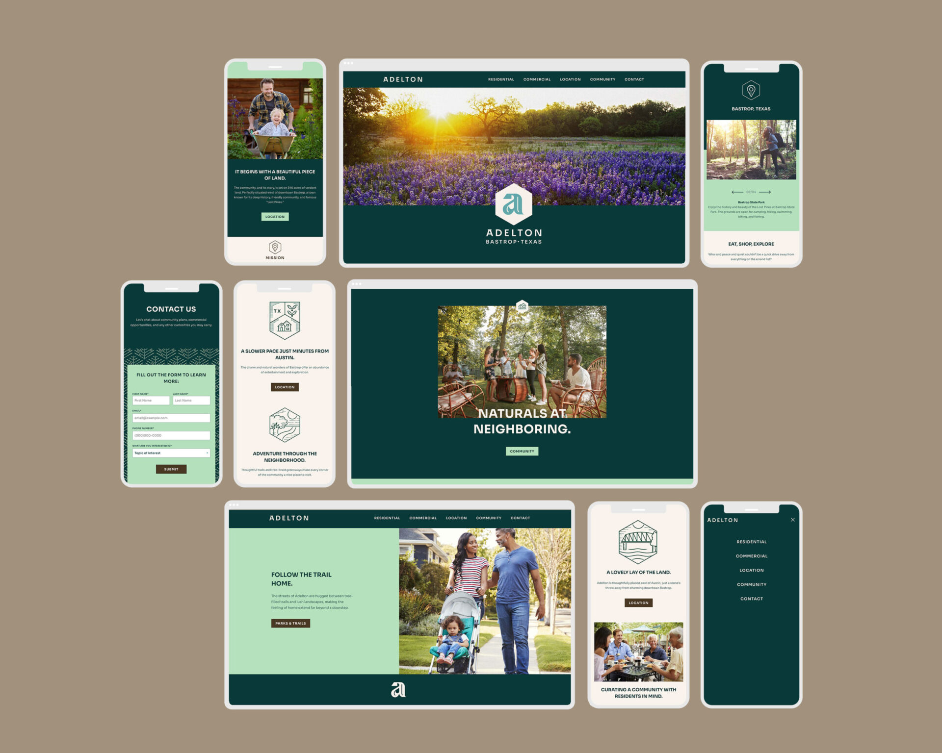 Screenshots laid out in mockups of a website with a green color scheme, featuring images of a community and nature.