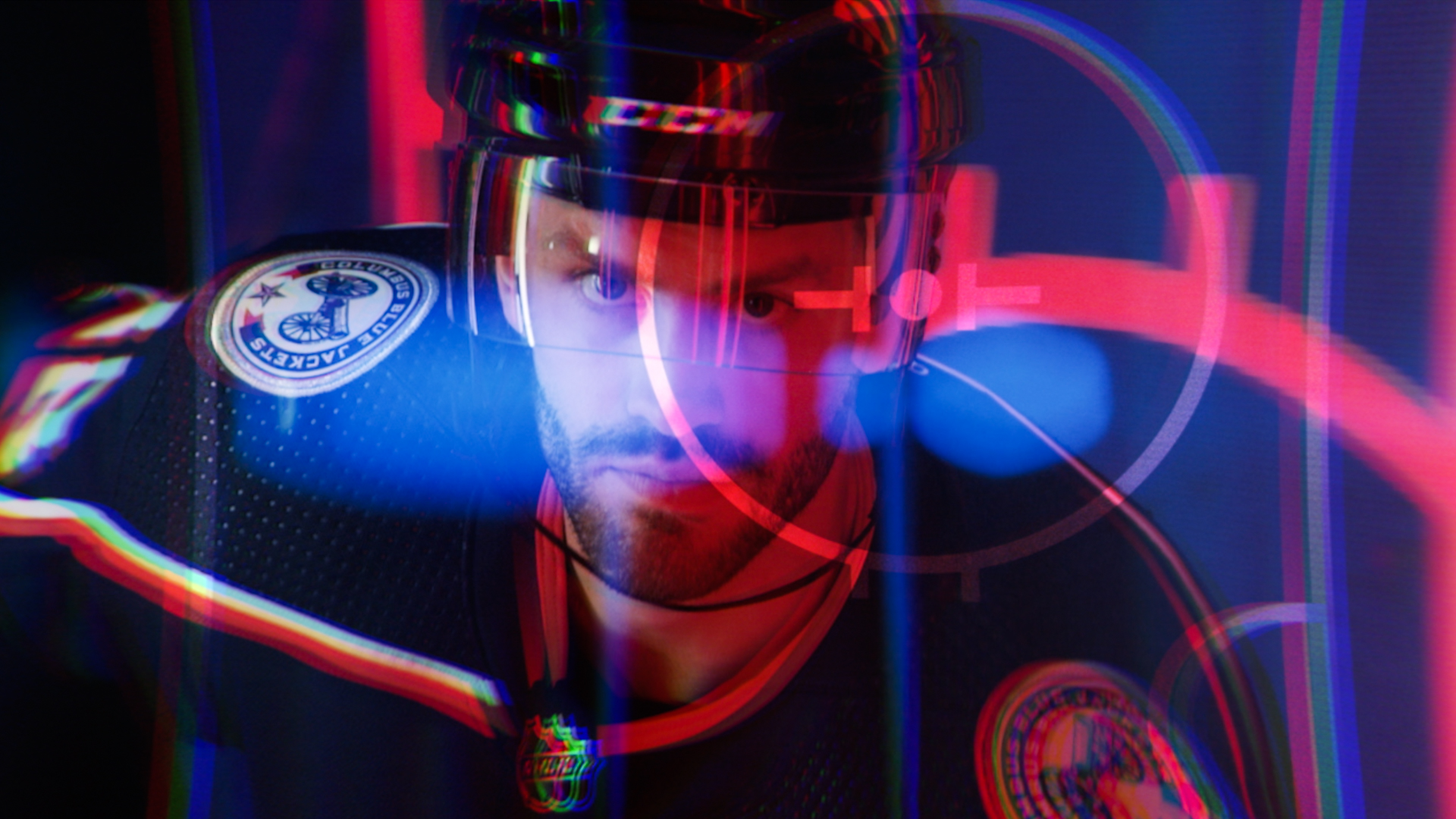 Hockey Player starring at the camera with lighting effects overlayed
