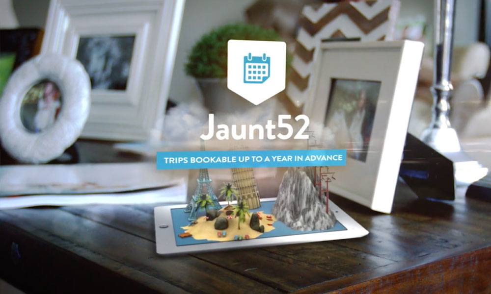 3D image of popular vacation destinations illustrated on an ipad with the tagline "Trips bookable up to a year in advance"
