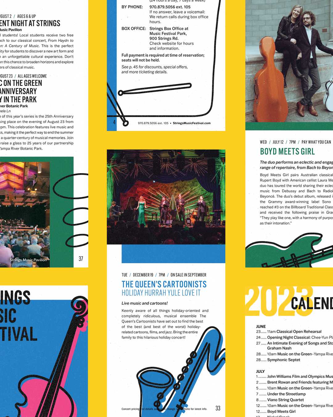 Strings music festival program art laid out on yellow background