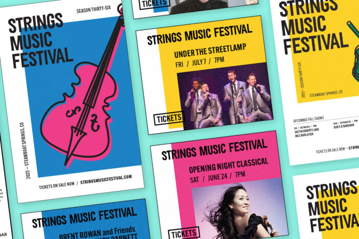 Strings music festival program layout with colorful instrument illustrations