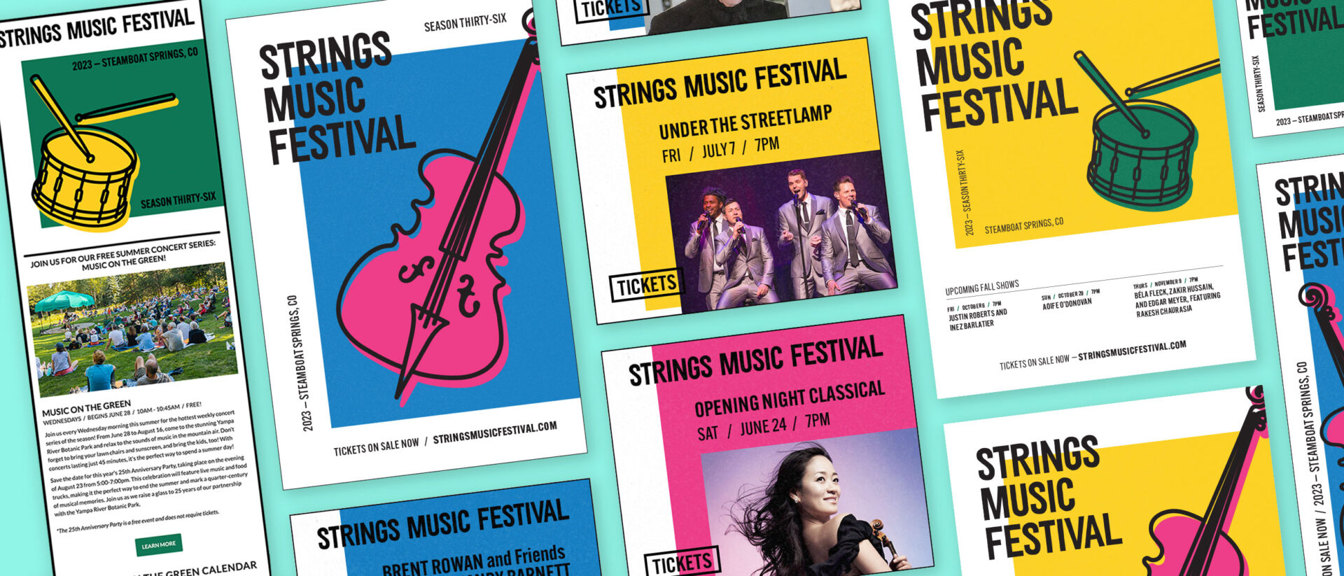 Strings music festival program layout with colorful instrument illustrations