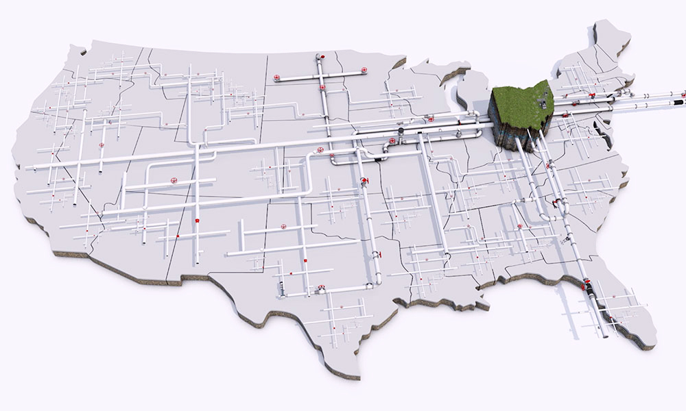 Rendering of the united states with a 3D portion in green to illustrate Ohio