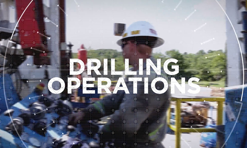 Text 'DRILLING OPERATIONS' overlaying an image of a worker on a drilling rig with equipment in view.
