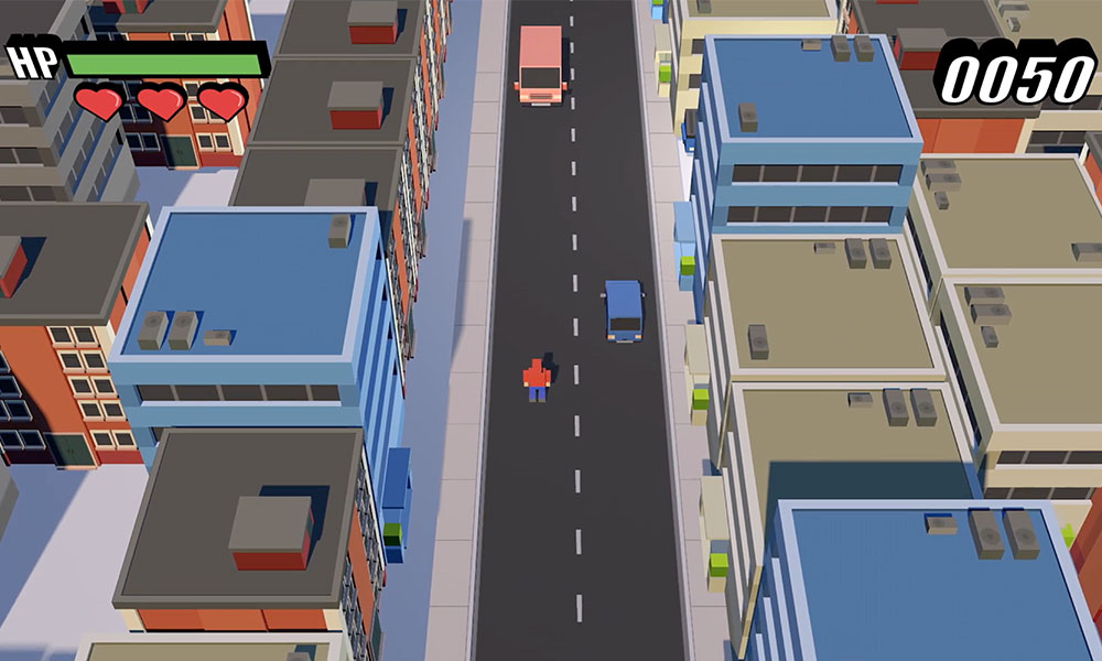 Top-down view of a video game showing a car dodging traffic on a stylized city street.