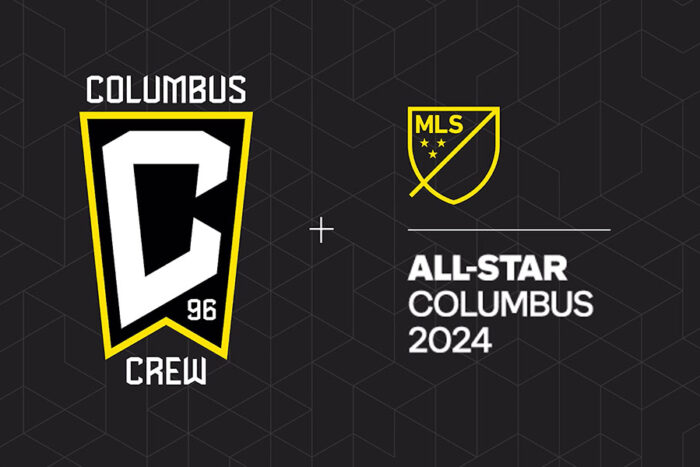 Columbus Crew logo and MLS All-Star Columbus 2024 event emblem on a geometric background.