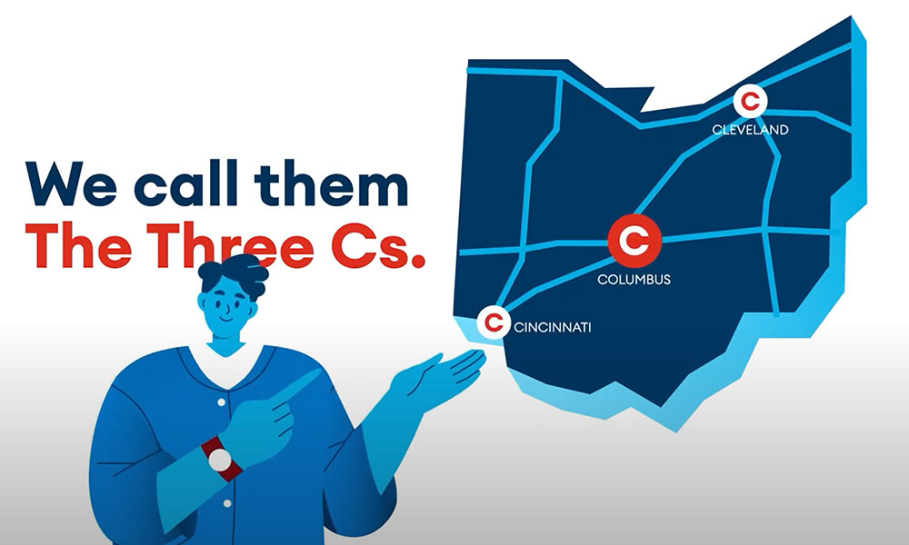 JobsOhio illustration with the 'three c's' indicating Cincinnati, Columbus and Cleveland