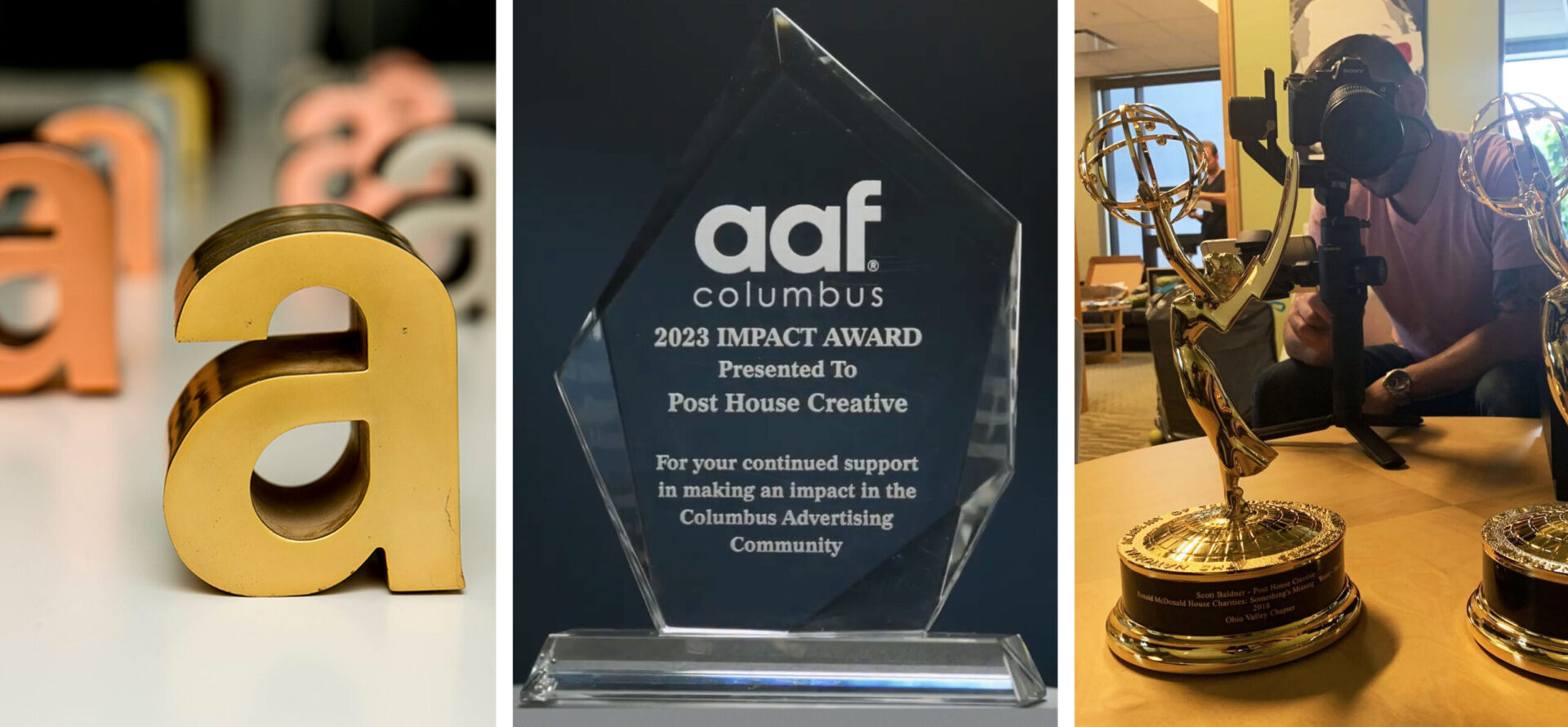 Images showcasing an ADDY award, the 2023 Impact Award and Emmy Awards that Post House Creative won over several years
