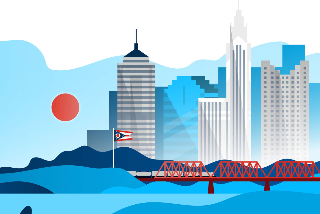 Stylized graphic illustration of a city skyline with the sun setting over a river and a bridge.